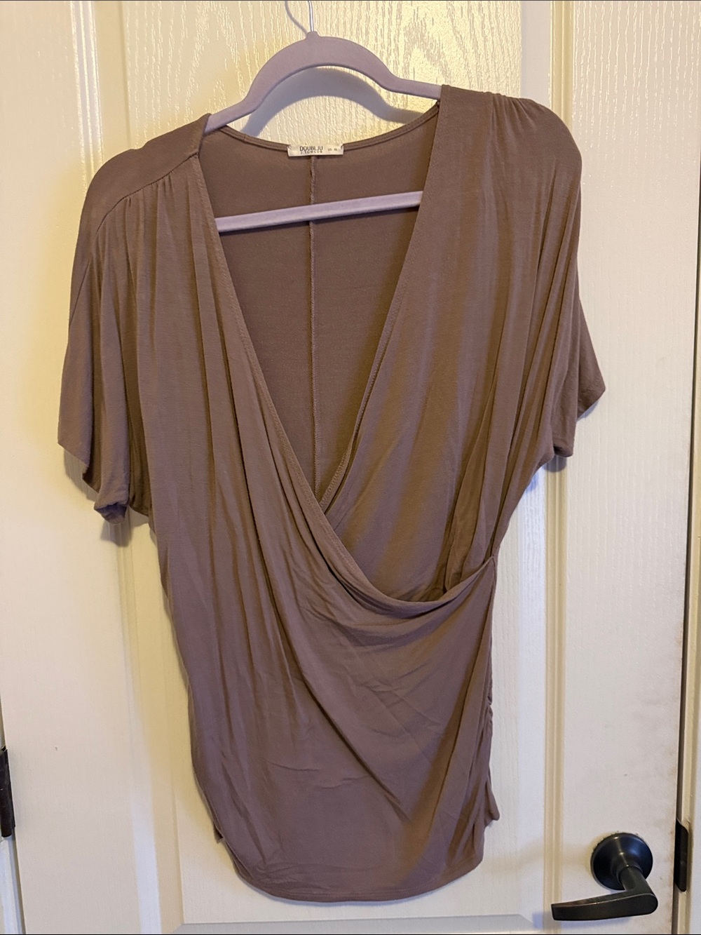 Doublju Taupe Draped V-Neck Blouse